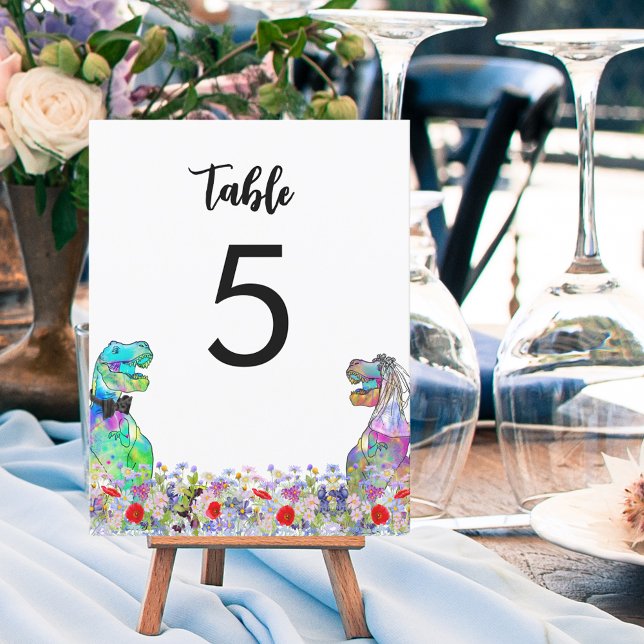 Dinosaur themed Wedding Colorful Wildflower (Dinosaur themed wedding T-Rex bride and groom colorful wildflowers table number sign)