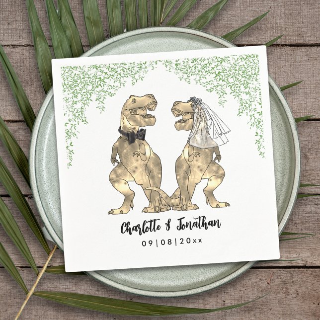 Dinosaur Themed Wedding Custom Napkins (Dinosaur themed wedding with fun T-Rex bride and groom with  Jurassic jungle foliage custom napkin)