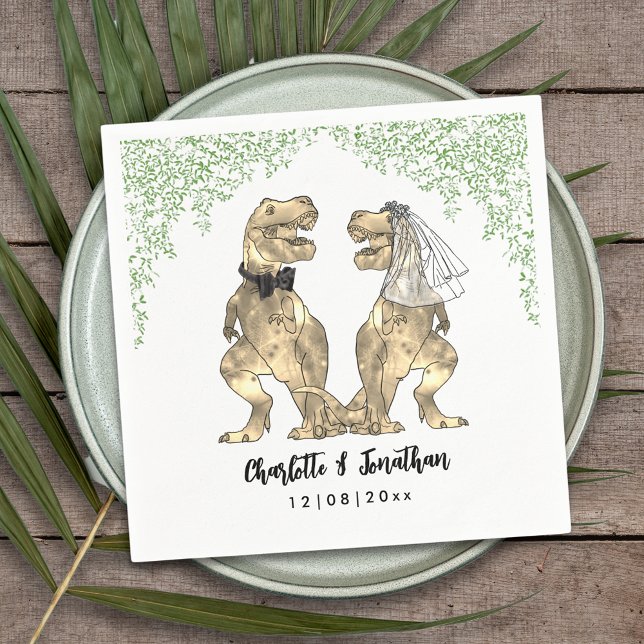 Dinosaur Themed Wedding Custom Napkins (Dinosaur themed wedding with fun T-Rex bride and groom with  Jurassic jungle foliage custom napkin)
