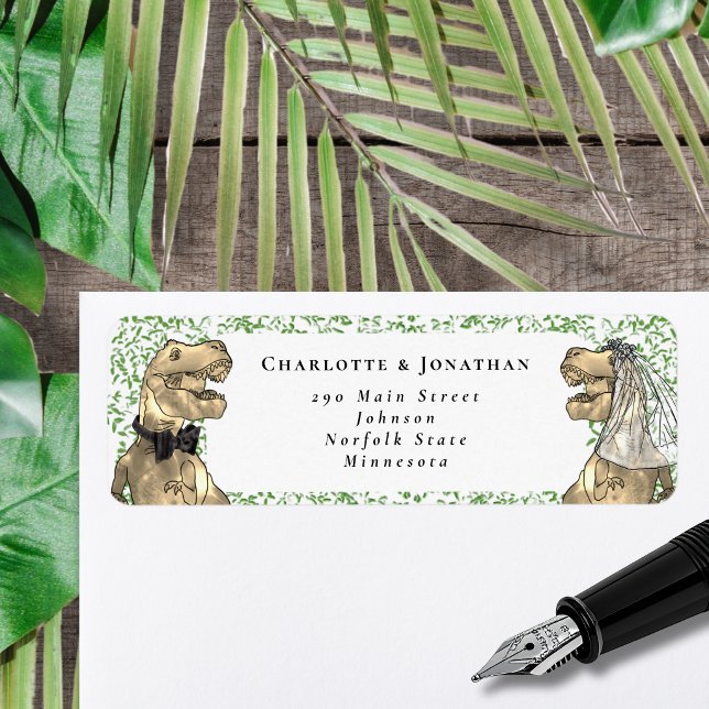 Dinosaur Themed Wedding Custom Return Address Label (T-Rex bride and groom dinosaur wedding invitation return address label Watercolor foliage )