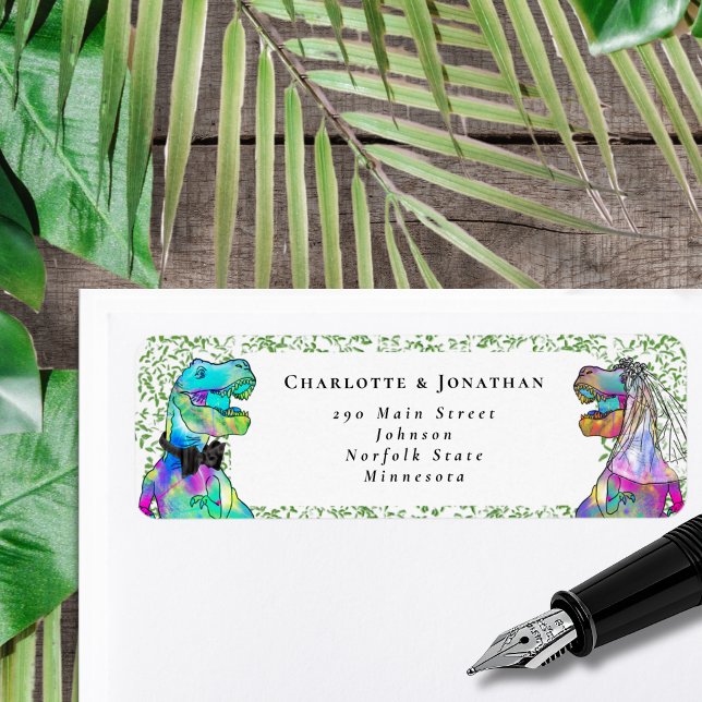 Dinosaur Themed Wedding Custom Return Address Label (T-Rex bride and groom dinosaur wedding invitation return address label sticker watercolor)