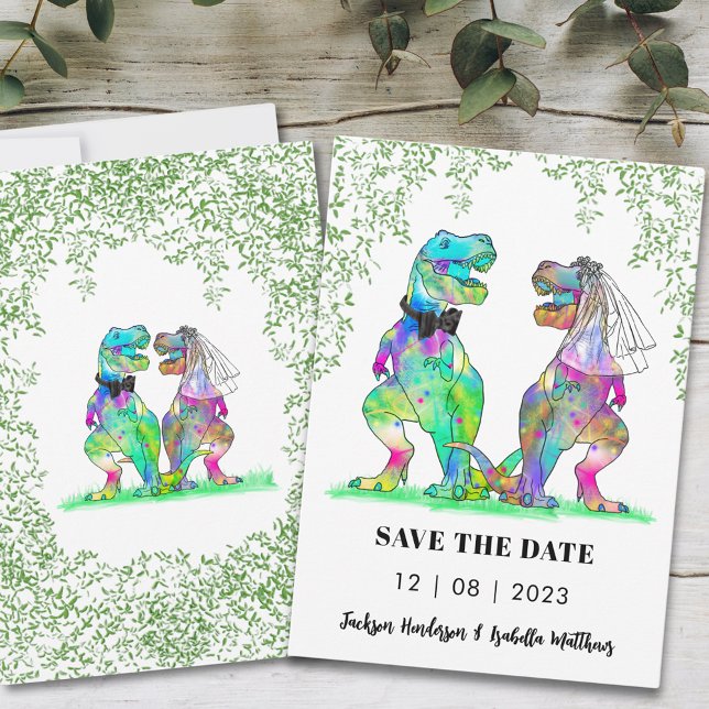 Dinosaur Themed Wedding Fun Save The Date (Funny dinosaur wedding save the date invitation with colorful T-Rex bride and groom )