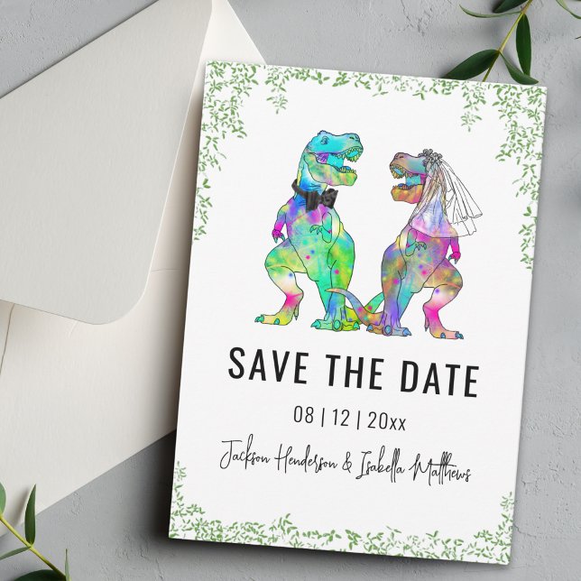 Dinosaur Themed Wedding Green  Save The Date (Funny colorful T-Rex bride and groom Dinosaur wedding save the date card Watercolor foliage)
