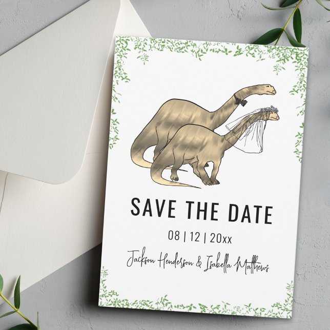 Dinosaur Themed Wedding Green  Save The Date (Funny Dinosaur bride and groom wedding save the date card cute brontosaurus green watercolor foliage)