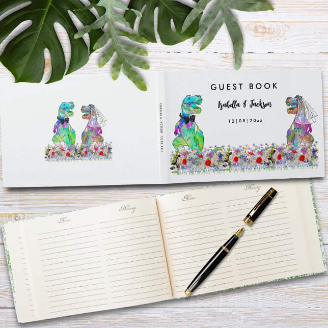Dinosaur Themed Wedding  Guest Book (Dinosaur themed wedding custom guest book with fun T-Rex bride and groom with colorful wildflowers)