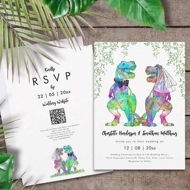 Dinosaur Themed Wedding QR Code Invitation (Funny dinosaur themed wedding inviation with colorful psychedelic T-Rex bride and groom jungle )