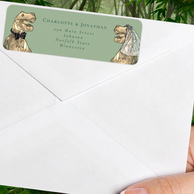 Dinosaur Themed Wedding Return Address Label (Dinosaur wedding sage green and dark green custom return address label T-Rex dino bride and groom )