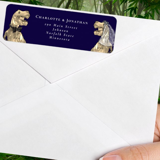 Dinosaur Themed Wedding Return Address Label (Dinosaur wedding navy blue and white custom return address label Sticker T-Rex dino bride and groom)
