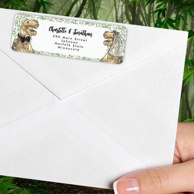 Dinosaur Themed Wedding Return Address Label (Dinosaur themed wedding funny T-Rex bride and groom jungle foliage return address label)