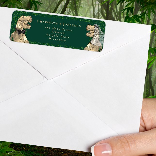 Dinosaur Themed Wedding Return Address Label (T-Rex bride and groom dinosaur wedding return address label Watercolor eucalyptus foliage)