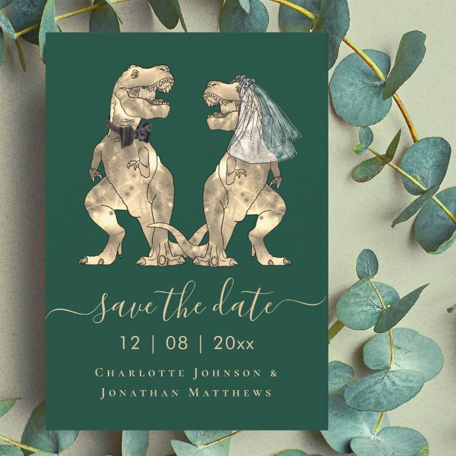 Dinosaur Themed Wedding Save The Date (Funny dinosaur wedding save the date T-Rex bride and groom dino elegant script Dark green invitation)