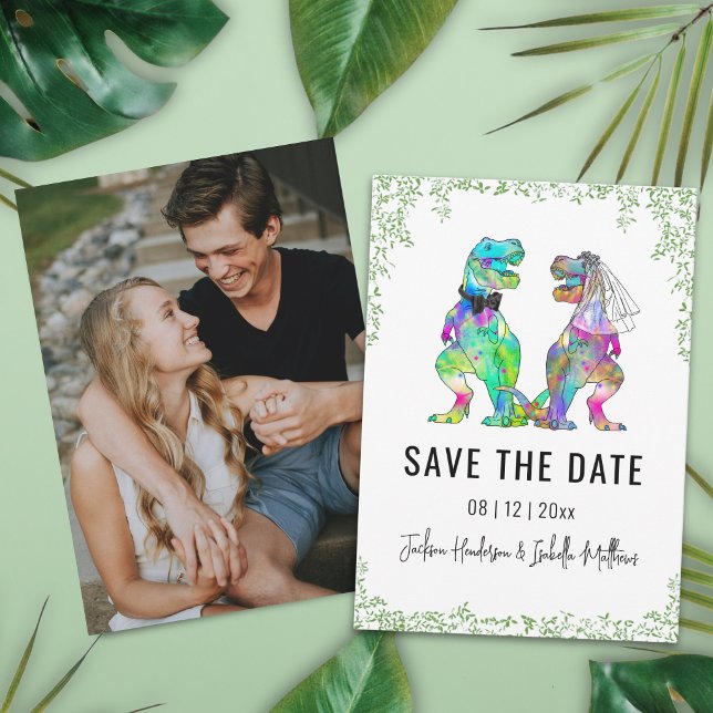 Dinosaur Themed Wedding Save the Date Photo (Funny colorful watercolor dinosaur theme wedding save the date photo card Modern trendy script)