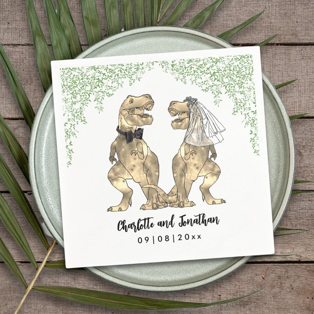 Dinosaur Themed Wedding T-Rex Bride and Groom Napkins (Dinosaur themed wedding with fun T-Rex bride and groom with  Jurassic jungle foliage custom napkin)