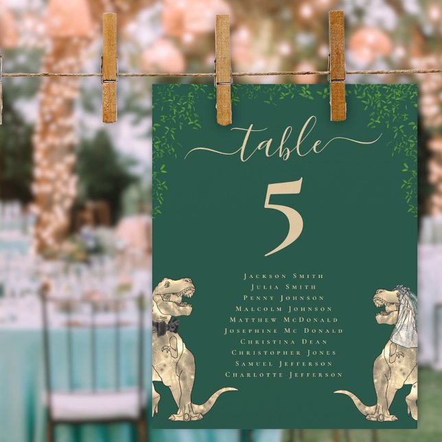 Dinosaur Themed Wedding Table Seating Chart  (Dinosaur wedding dark green table number chart card T-Rex dino bride and groom elegant script )