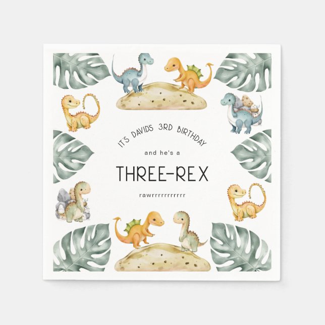 Dinosaur Third Birthday Three-Rex Party Napkins (Front)