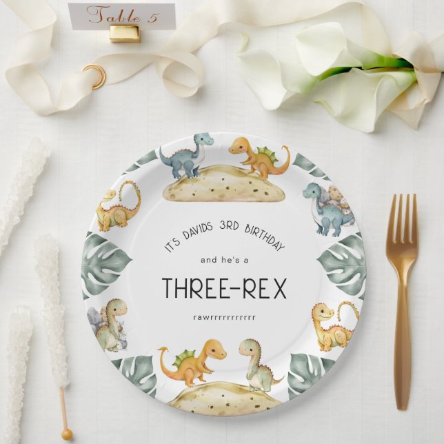 Dinosaur Third Birthday Three-Rex Party Paper Plates (Wedding)