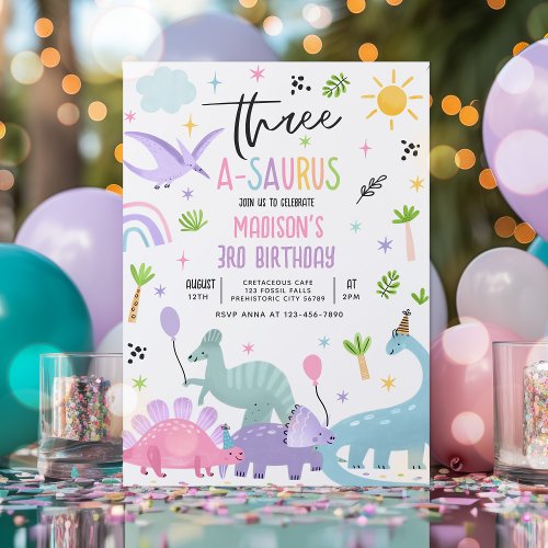 Dinosaur Three_A_Saurs Pink 3rd Birthday Party Invitation