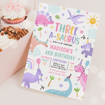 Dinosaur Three-a-saurus 3rd Birthday Party Invitation by PixelPerfectionParty at Zazzle