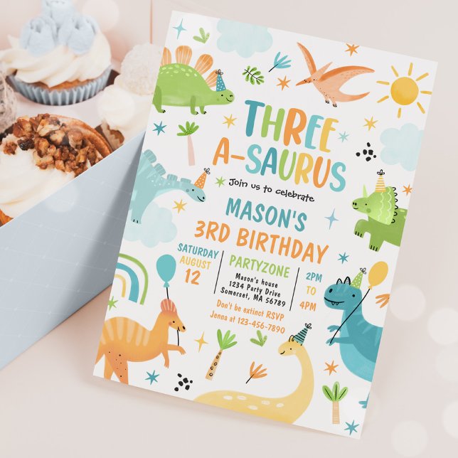 Dinosaur Three-A-Saurus 3rd Birthday Party Invitation (Creator Uploaded)