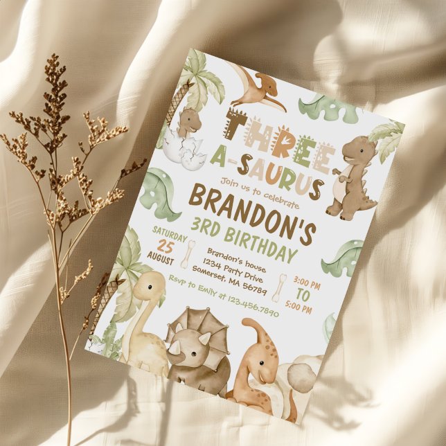 Dinosaur Three-A-Saurus 3rd Birthday Party Invitation (Creator Uploaded)