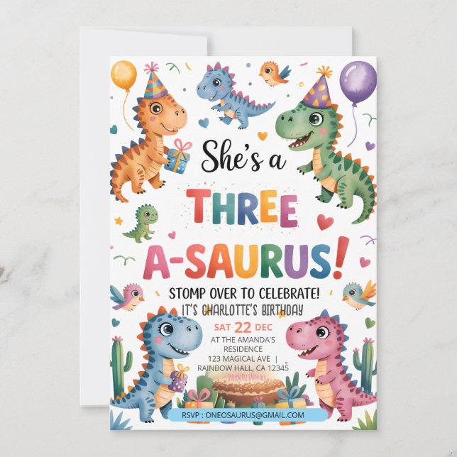 Dinosaur Three A-Saurus 3rd Birthday Party T-Rex Invitation (Front)