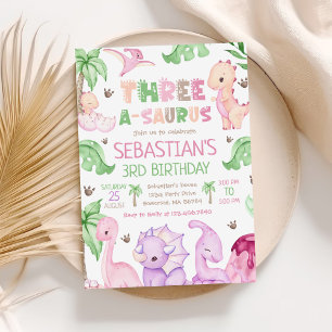 Dinosaur Three-A-Saurus Girl 3rd Birthday Party Invitation