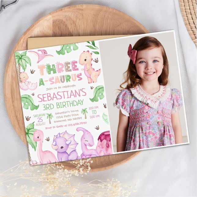 Dinosaur Three-A-Saurus Girl 3rd Birthday Photo Invitation (Creator Uploaded)