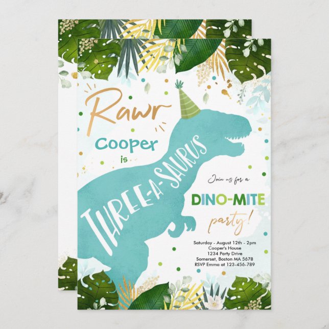 Dinosaur Three-A-Saurus Party Dino 3rd Birthday Invitation (Front/Back)