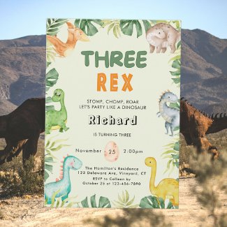 Dinosaur Three Rex 3rd Birthday Invitation