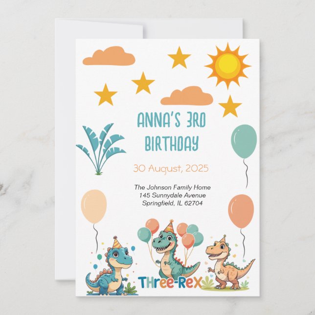 Dinosaur Three Rex 3rd Birthday Invitation (Front)