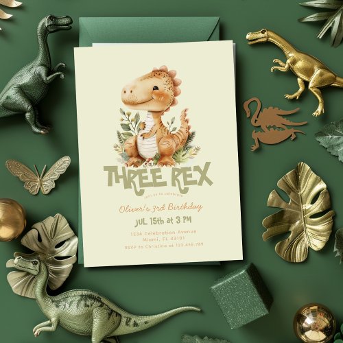 Dinosaur Three Rex 3rd Birthday Party Boys Invitation