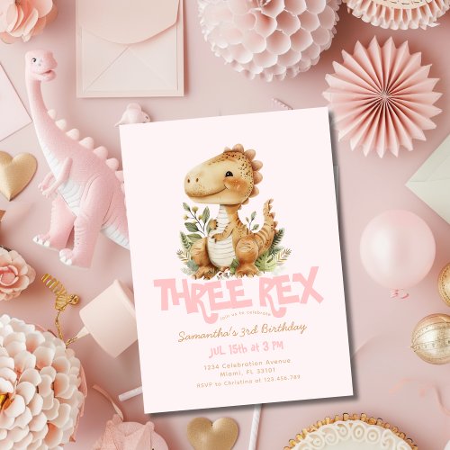 Dinosaur Three Rex 3rd Birthday Party Girl Pink Invitation