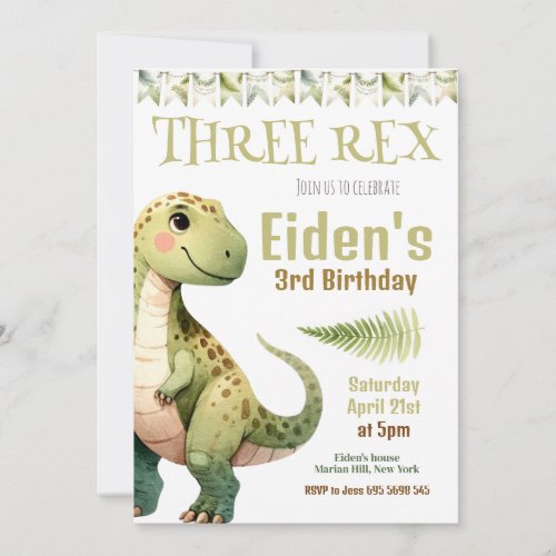 Dinosaur Three Rex 3rd Birthday Party Invitation