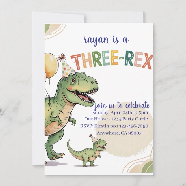 Dinosaur Three Rex 3rd Birthday Party Invitation (Front)
