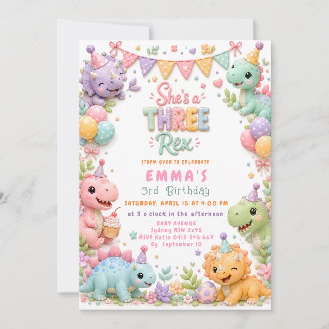 Dinosaur Three Rex 3rd Birthday Party Invitation (Front)