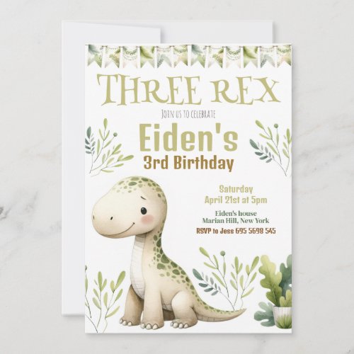 Dinosaur Three Rex 3rd Birthday Party Invitation