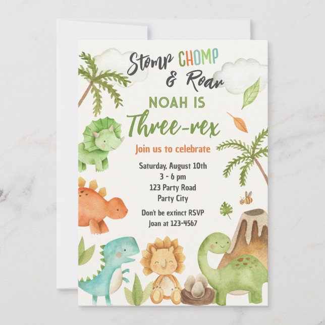 Dinosaur Three Rex 3rd Birthday Party Invitation (Front)