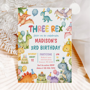 Dinosaur Three Rex 3rd Birthday Party Invitation