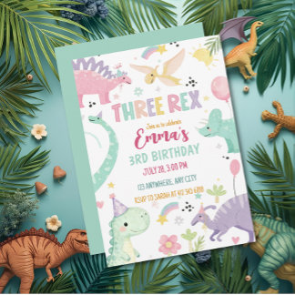 Dinosaur Three Rex 3rd Birthday Party  Invitation