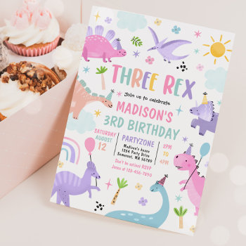 Dinosaur Three Rex 3rd Birthday Party Invitation by PixelPerfectionParty at Zazzle