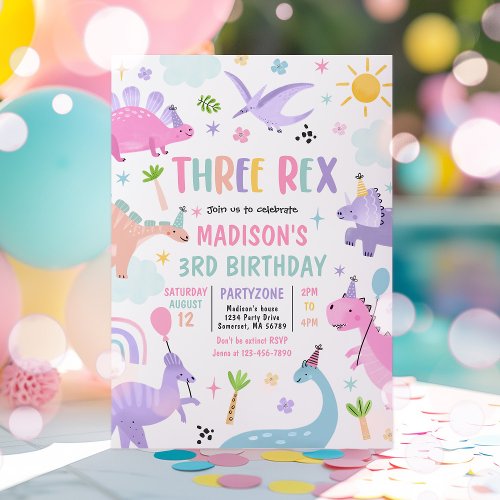 Dinosaur Three Rex 3rd Birthday Party Invitation