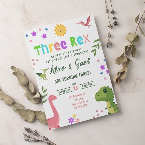 Dinosaur Three Rex 3rd Birthday Party Invitation