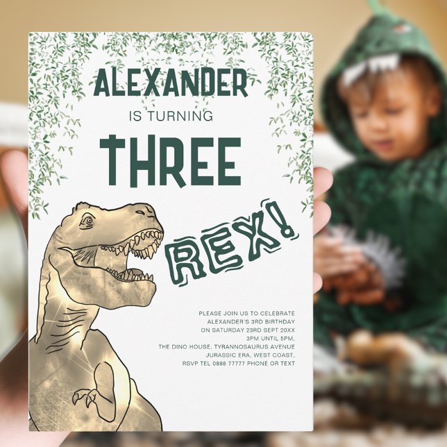 Dinosaur Three Rex 3rd Birthday Party Invitation (Three rex dinosaur 3rd birthday party personalized invitation with T-rex dino and Jurassic jungle )