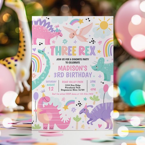 Dinosaur Three Rex 3rd Birthday Party Invitation