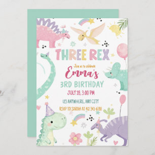 Dinosaur Three Rex 3rd Birthday Party  Invitation
