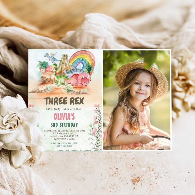 Dinosaur Three Rex 3rd Birthday Party Photo Invitation (Creator Uploaded)