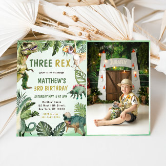 Dinosaur Three Rex 3rd Birthday Party Photo Invitation
