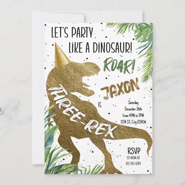 Dinosaur Three Rex 3rd Birthday Party T-Rex Invitation (Front)
