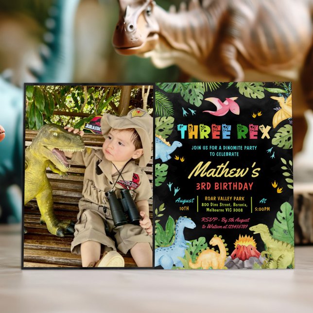 Dinosaur Three Rex 3rd Birthday Party T-Rex Photo Invitation (Creator Uploaded)