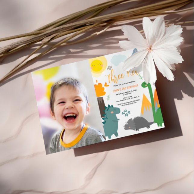 Dinosaur Three Rex 3rd Birthday Photo Party Invitation (Creator Uploaded)